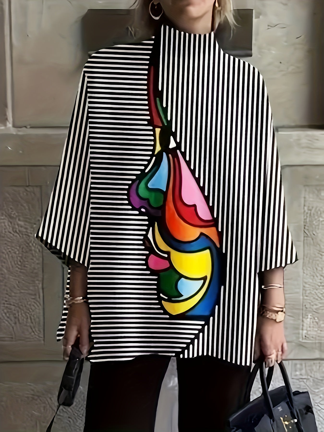 Women's Stylish Striped Long Sleeve Mock Neck Top - Casual Abstract Print Blouse in Black, White & Multicolor, Perfect for Spring/Fall, Ladies Blouses